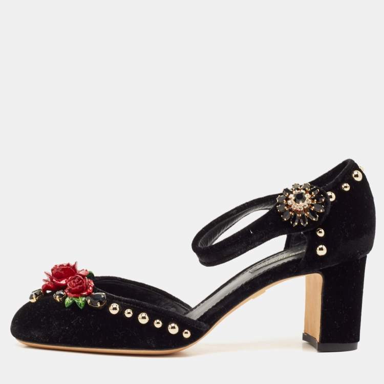 Pre Owned Dolce & Gabbana Black Velvet Studded and Rose Embellished Ankle-Strap Pumps Size 37