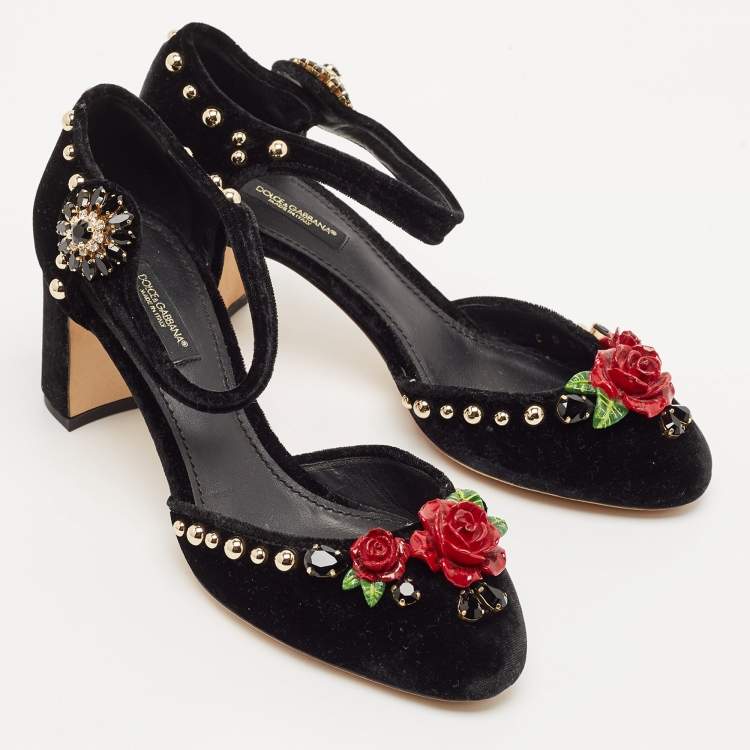 Pre Owned Dolce & Gabbana Black Velvet Studded and Rose Embellished Ankle-Strap Pumps Size 37