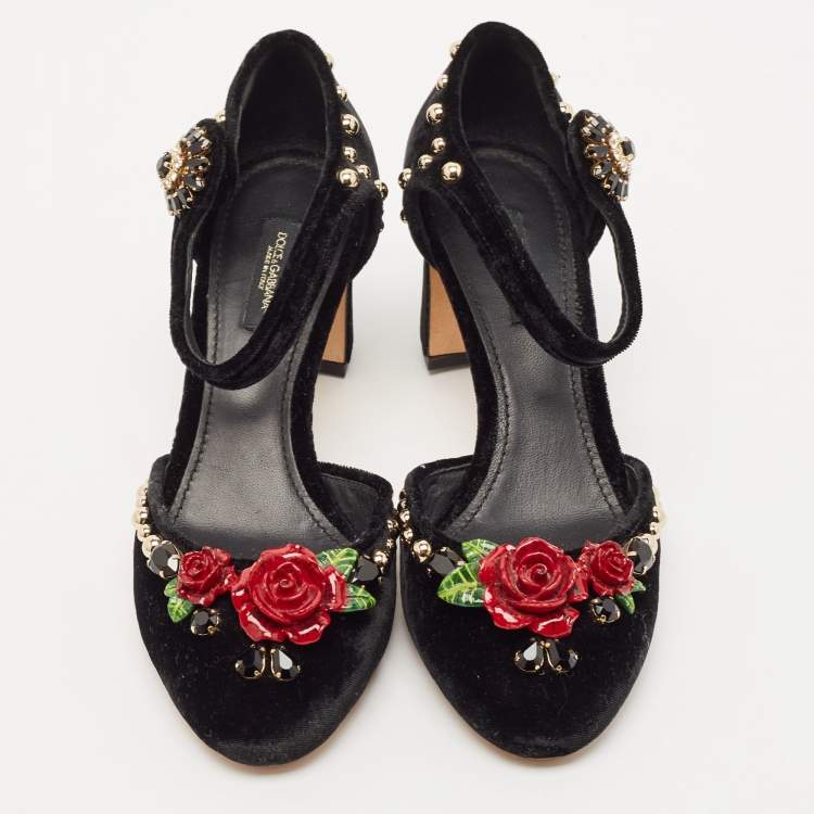 Pre Owned Dolce & Gabbana Black Velvet Studded and Rose Embellished Ankle-Strap Pumps Size 37
