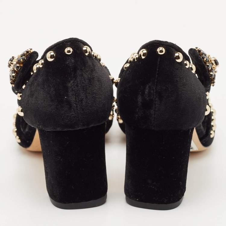 Pre Owned Dolce & Gabbana Black Velvet Studded and Rose Embellished Ankle-Strap Pumps Size 37