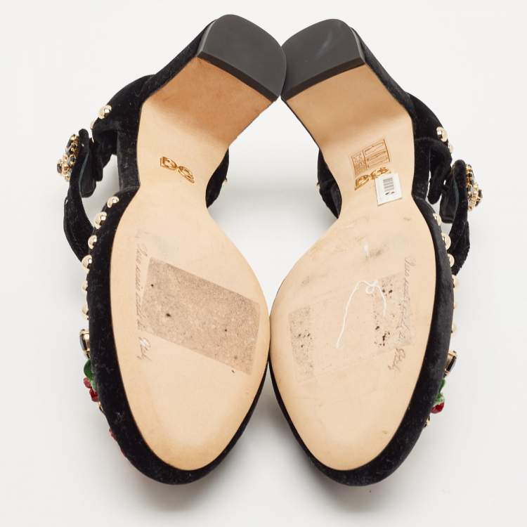 Pre Owned Dolce & Gabbana Black Velvet Studded and Rose Embellished Ankle-Strap Pumps Size 37