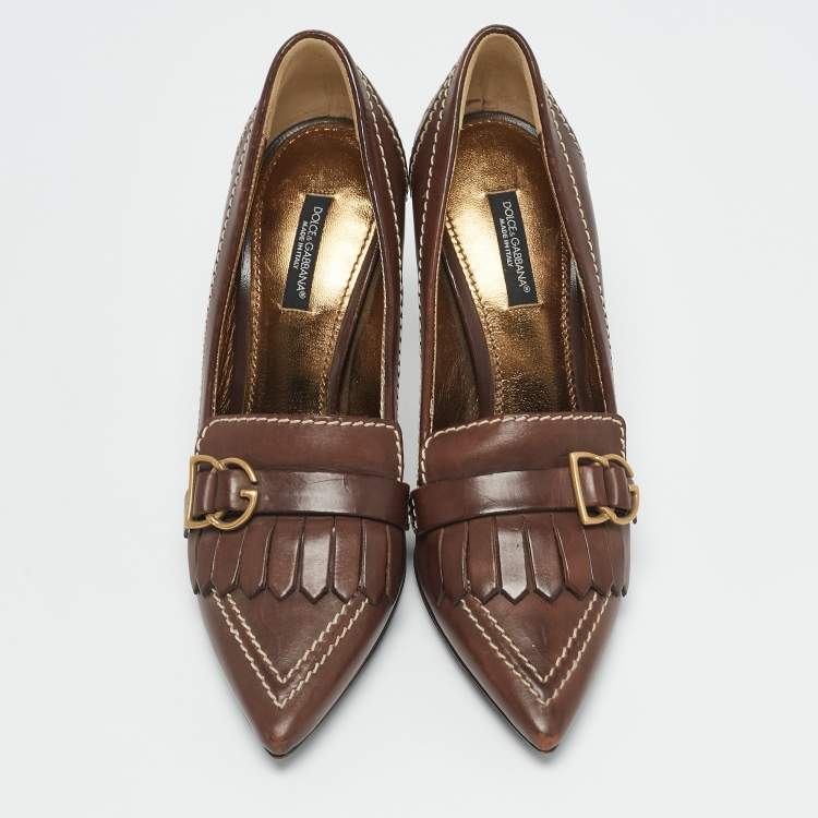 Pre Owned Dolce & Gabbana Brown Leather Fringe Loafer Pumps Size 36.5