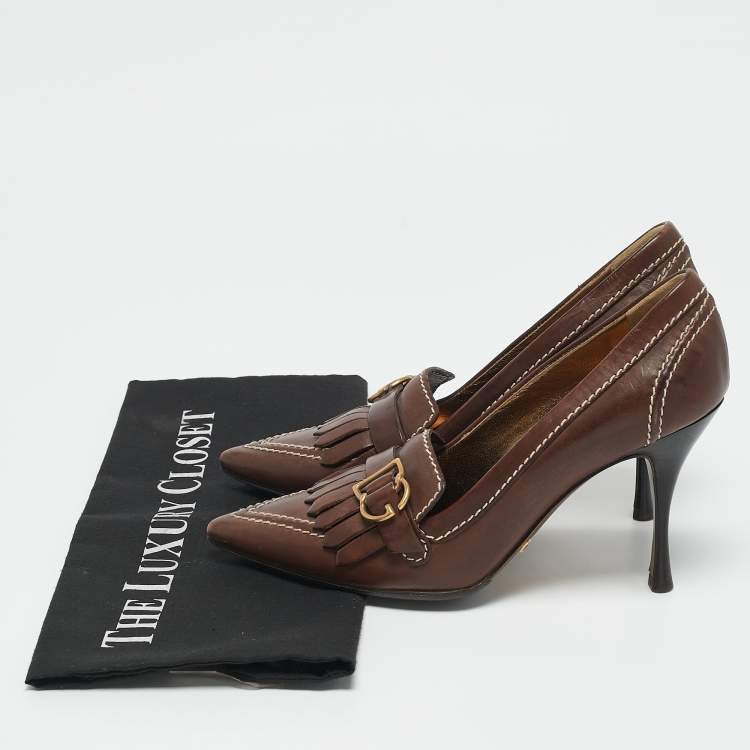 Pre Owned Dolce & Gabbana Brown Leather Fringe Loafer Pumps Size 36.5