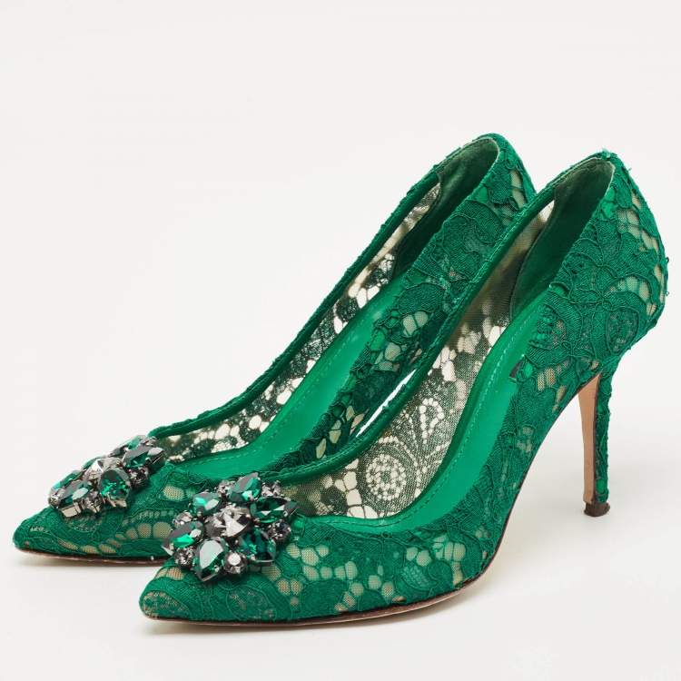 Pre Owned Dolce & Gabbana Green Lace Bellucci Crystal Embellished Pumps Size 39.5