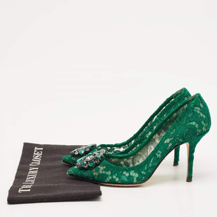 Pre Owned Dolce & Gabbana Green Lace Bellucci Crystal Embellished Pumps Size 39.5