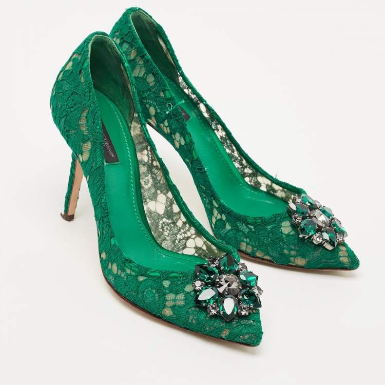 Pre Owned Dolce & Gabbana Green Lace Bellucci Crystal Embellished Pumps Size 39.5
