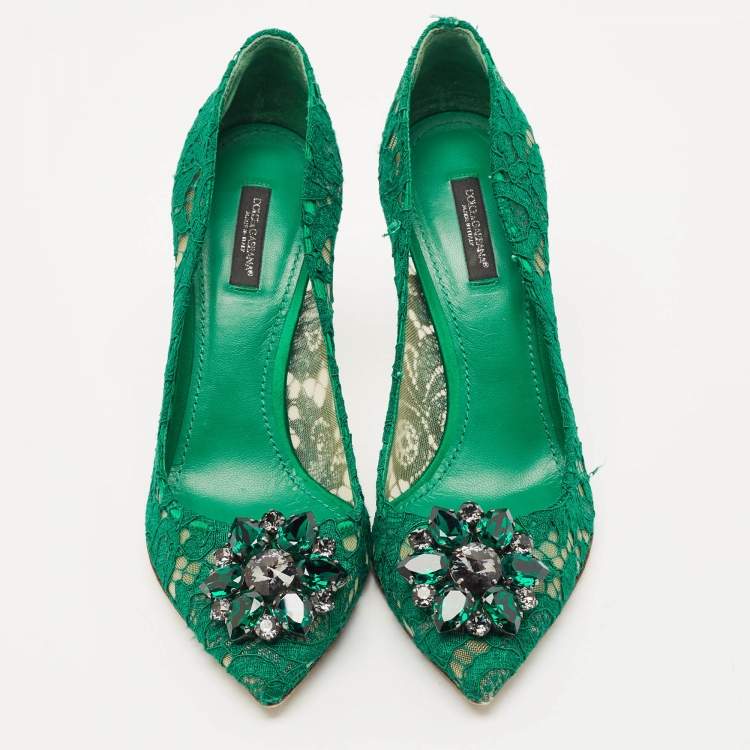 Pre Owned Dolce & Gabbana Green Lace Bellucci Crystal Embellished Pumps Size 39.5