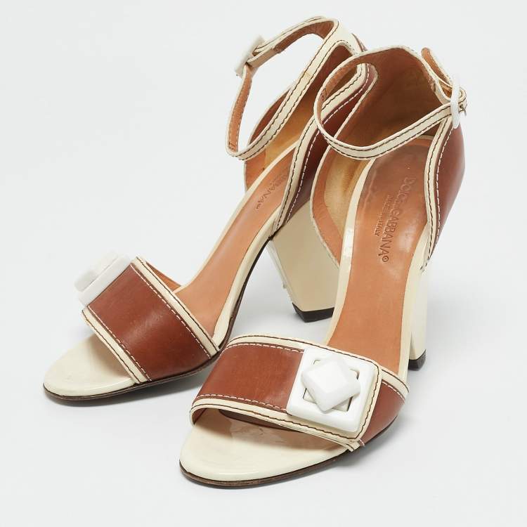 Pre Owned Dolce & Gabbana Brown/Cream Leather Vintage Ankle Strap Sandals Size 37.5