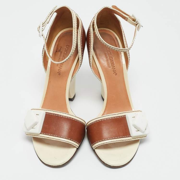 Pre Owned Dolce & Gabbana Brown/Cream Leather Vintage Ankle Strap Sandals Size 37.5