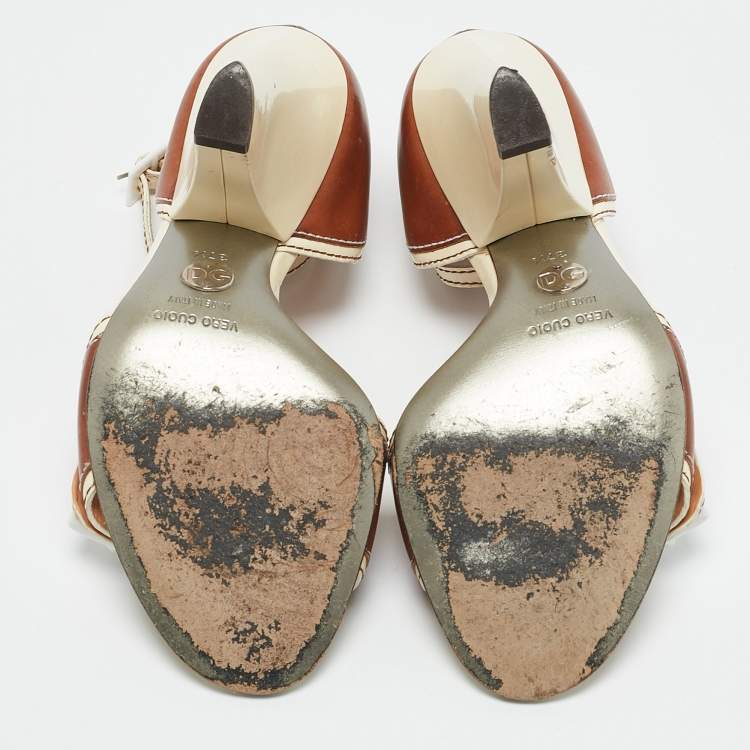 Pre Owned Dolce & Gabbana Brown/Cream Leather Vintage Ankle Strap Sandals Size 37.5