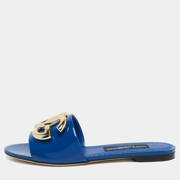 Pre Owned Dolce & Gabbana Blue Patent Leather DG Bianca Flat Slide Sandals Size 39