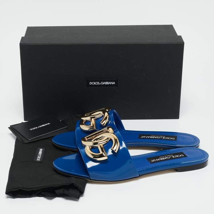 Pre Owned Dolce & Gabbana Blue Patent Leather DG Bianca Flat Slide Sandals Size 39