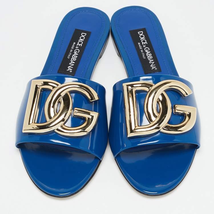 Pre Owned Dolce & Gabbana Blue Patent Leather DG Bianca Flat Slide Sandals Size 39