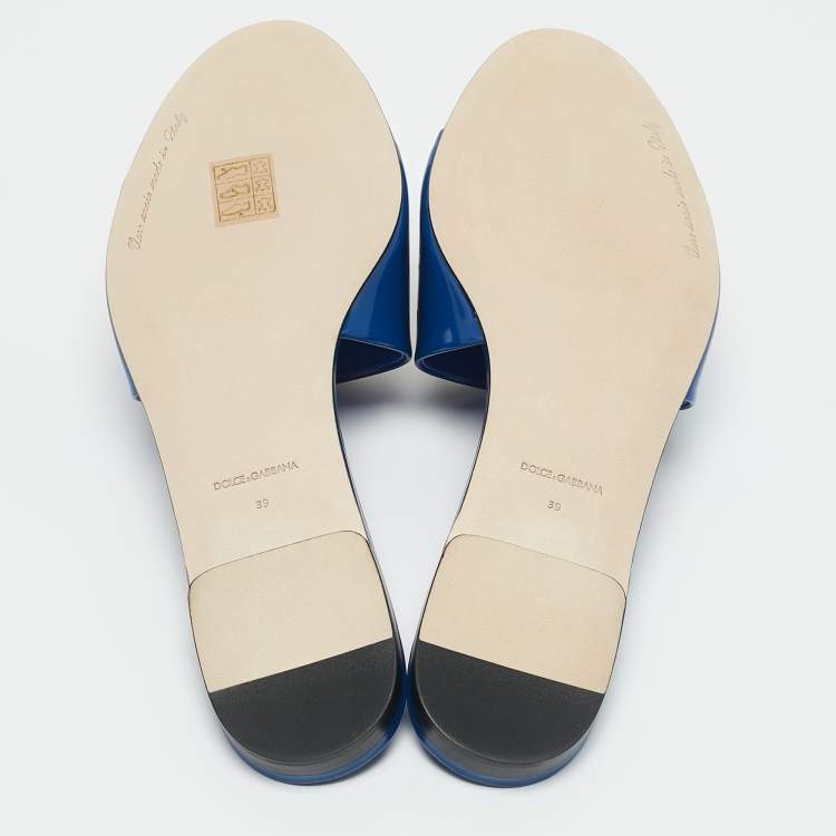 Pre Owned Dolce & Gabbana Blue Patent Leather DG Bianca Flat Slide Sandals Size 39