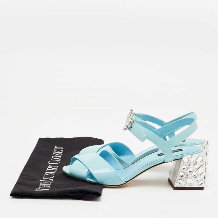 Pre Owned Dolce & Gabbana Light Blue Patent Leather Crystal Embellished Heel Ankle Strap Sandals Size 38.5