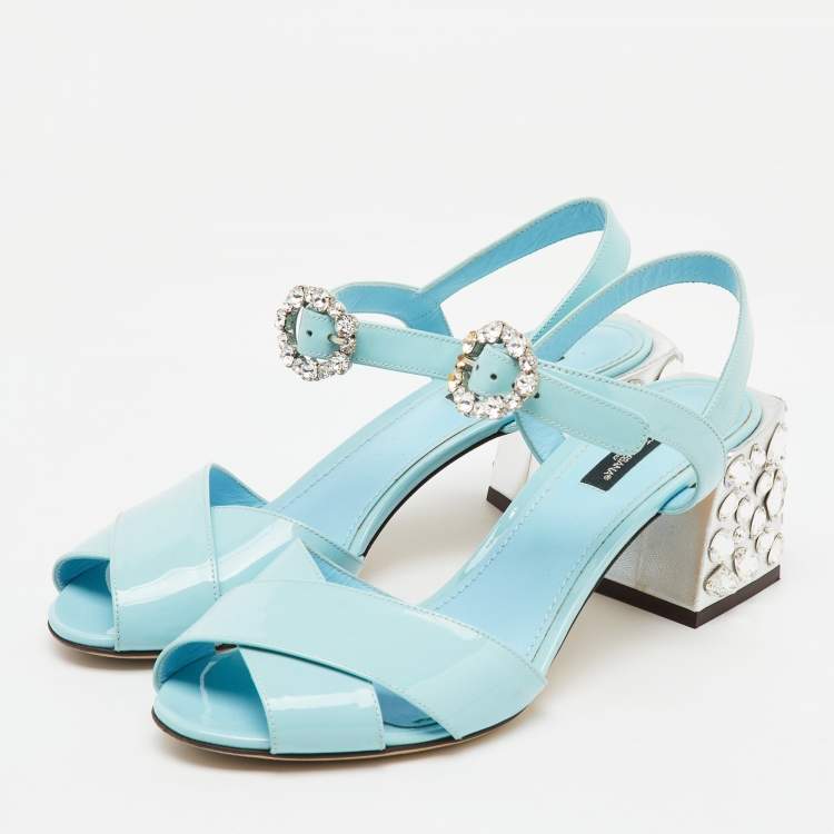 Pre Owned Dolce & Gabbana Light Blue Patent Leather Crystal Embellished Heel Ankle Strap Sandals Size 38.5
