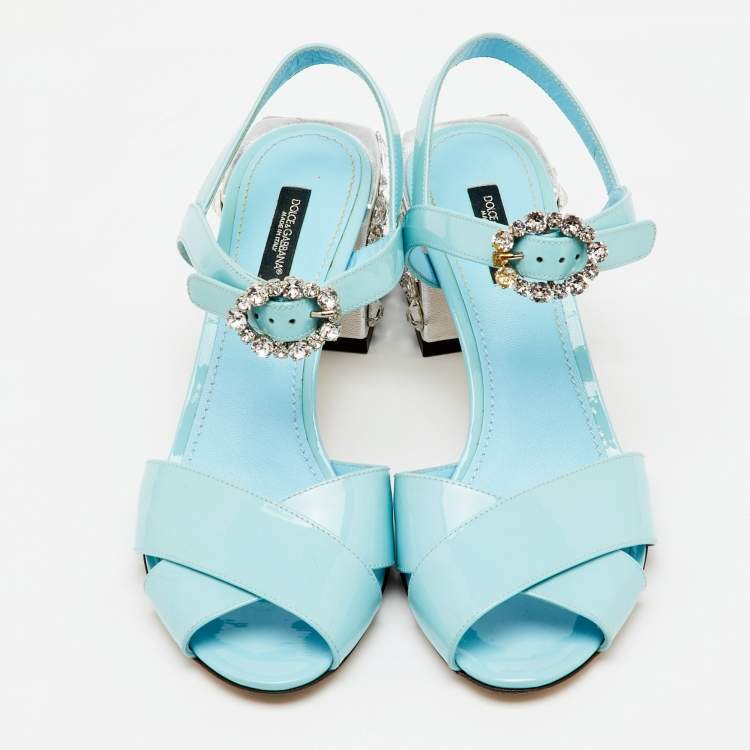 Pre Owned Dolce & Gabbana Light Blue Patent Leather Crystal Embellished Heel Ankle Strap Sandals Size 38.5