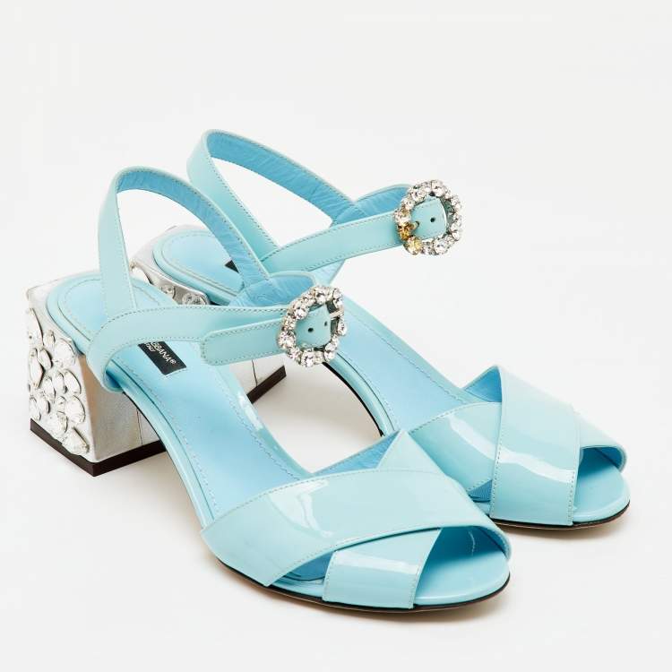 Pre Owned Dolce & Gabbana Light Blue Patent Leather Crystal Embellished Heel Ankle Strap Sandals Size 38.5
