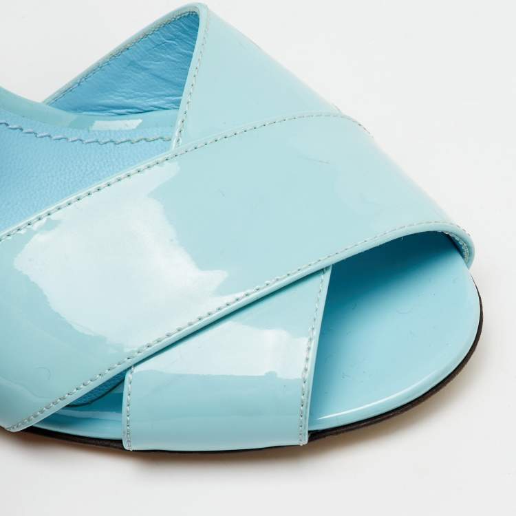 Pre Owned Dolce & Gabbana Light Blue Patent Leather Crystal Embellished Heel Ankle Strap Sandals Size 38.5