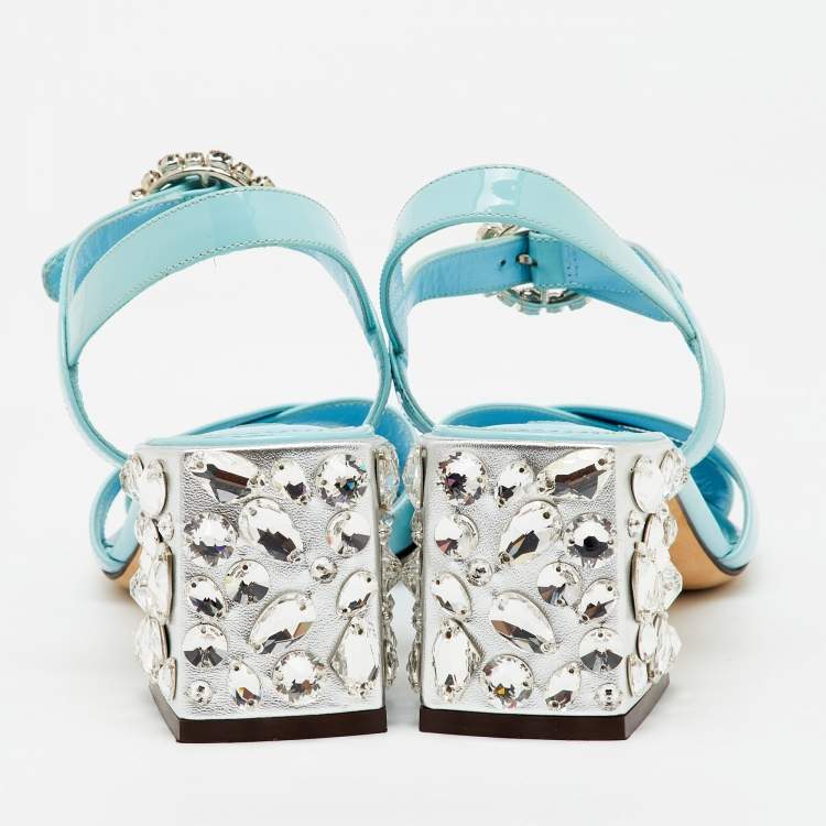 Pre Owned Dolce & Gabbana Light Blue Patent Leather Crystal Embellished Heel Ankle Strap Sandals Size 38.5