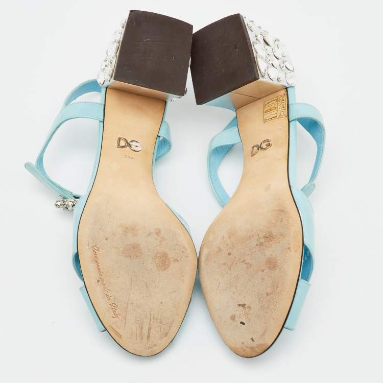 Pre Owned Dolce & Gabbana Light Blue Patent Leather Crystal Embellished Heel Ankle Strap Sandals Size 38.5