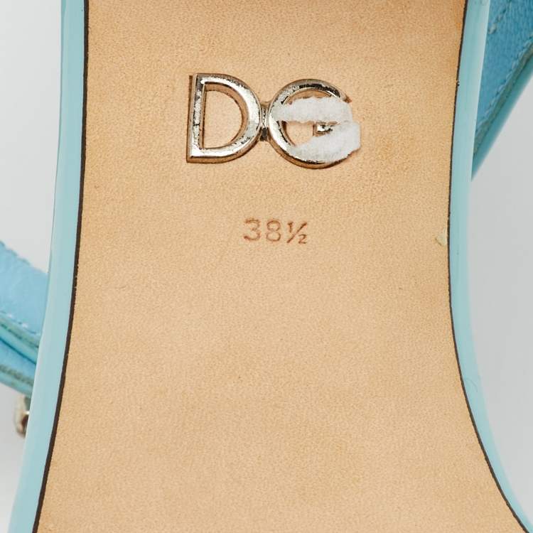 Pre Owned Dolce & Gabbana Light Blue Patent Leather Crystal Embellished Heel Ankle Strap Sandals Size 38.5