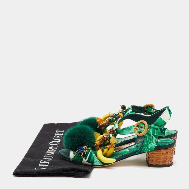 Pre Owned Dolce & Gabbana Green Mink Fur and Satin Banana Leaf T-Strap Sandals Size 36