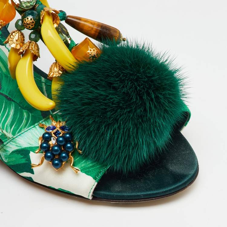 Pre Owned Dolce & Gabbana Green Mink Fur and Satin Banana Leaf T-Strap Sandals Size 36