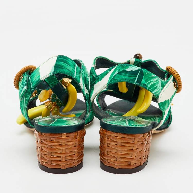 Pre Owned Dolce & Gabbana Green Mink Fur and Satin Banana Leaf T-Strap Sandals Size 36