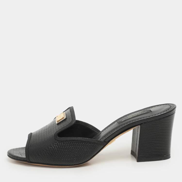 Pre Owned Dolce & Gabbana Black Lizard Embossed Leather Slide Sandals Size 36
