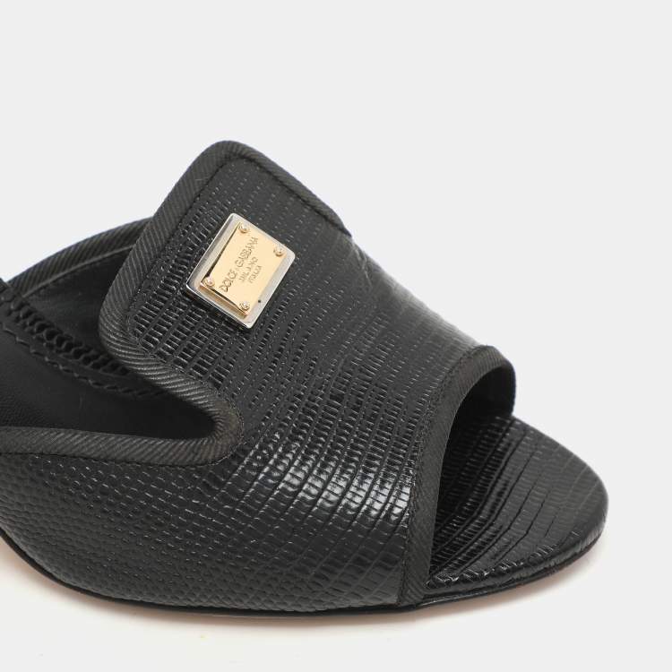 Pre Owned Dolce & Gabbana Black Lizard Embossed Leather Slide Sandals Size 36
