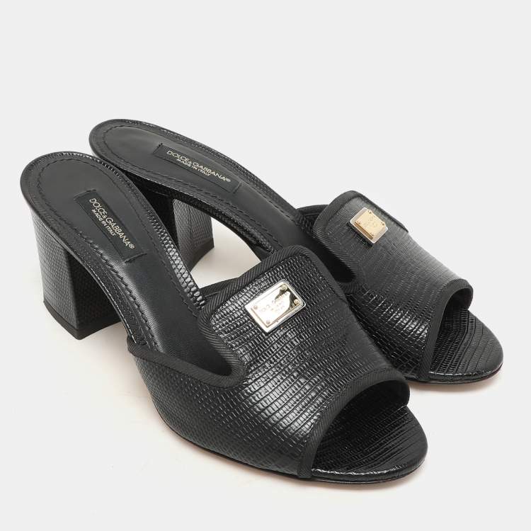 Pre Owned Dolce & Gabbana Black Lizard Embossed Leather Slide Sandals Size 36