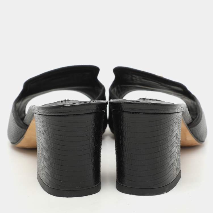 Pre Owned Dolce & Gabbana Black Lizard Embossed Leather Slide Sandals Size 36
