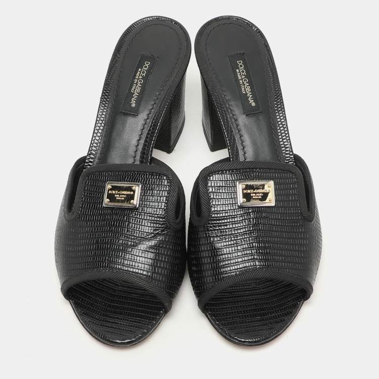 Pre Owned Dolce & Gabbana Black Lizard Embossed Leather Slide Sandals Size 36