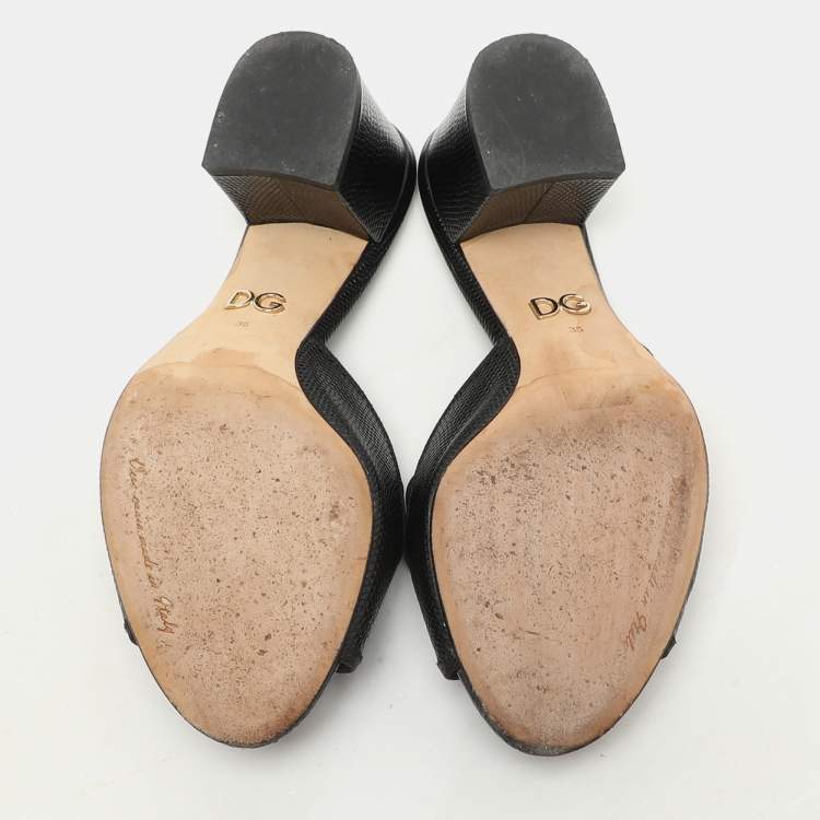 Pre Owned Dolce & Gabbana Black Lizard Embossed Leather Slide Sandals Size 36