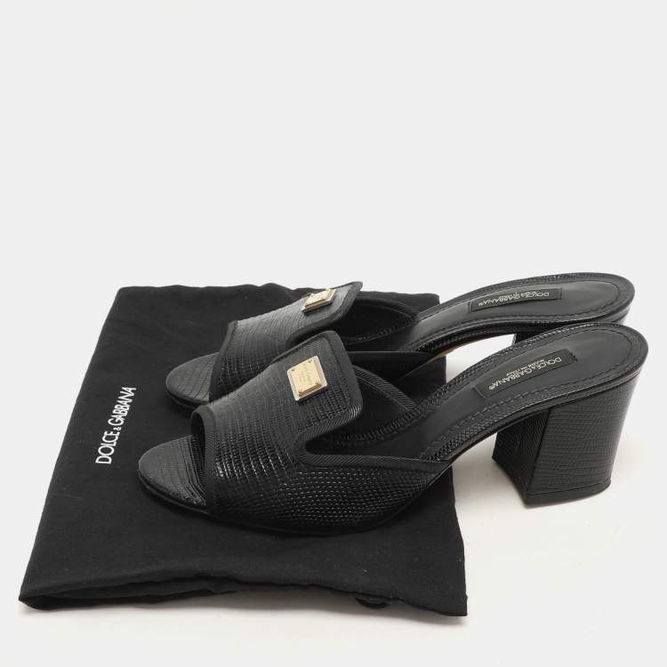 Pre Owned Dolce & Gabbana Black Lizard Embossed Leather Slide Sandals Size 36