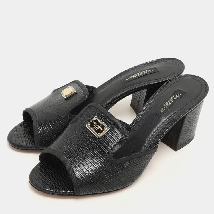 Pre Owned Dolce & Gabbana Black Lizard Embossed Leather Slide Sandals Size 36
