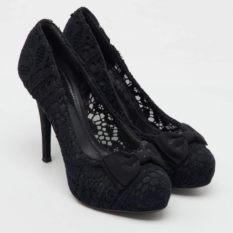 Pre Owned Dolce & Gabbana Black Crochet Lace Bow Platform Pumps Size 40