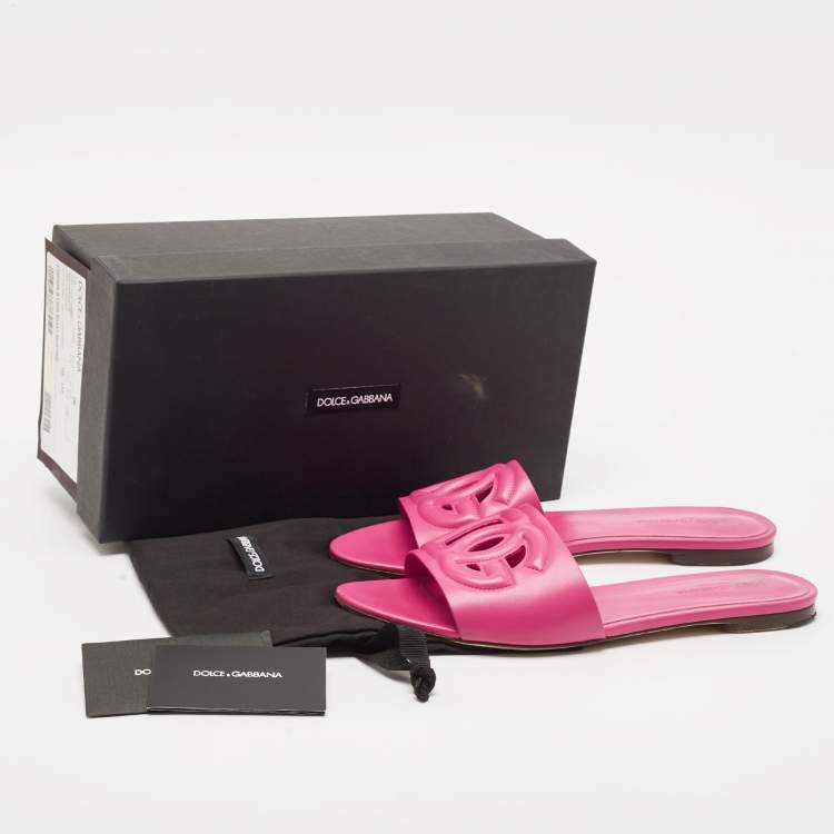 Pre Owned Dolce & Gabbana Pink Leather DG Logo Flat Slides Size 41