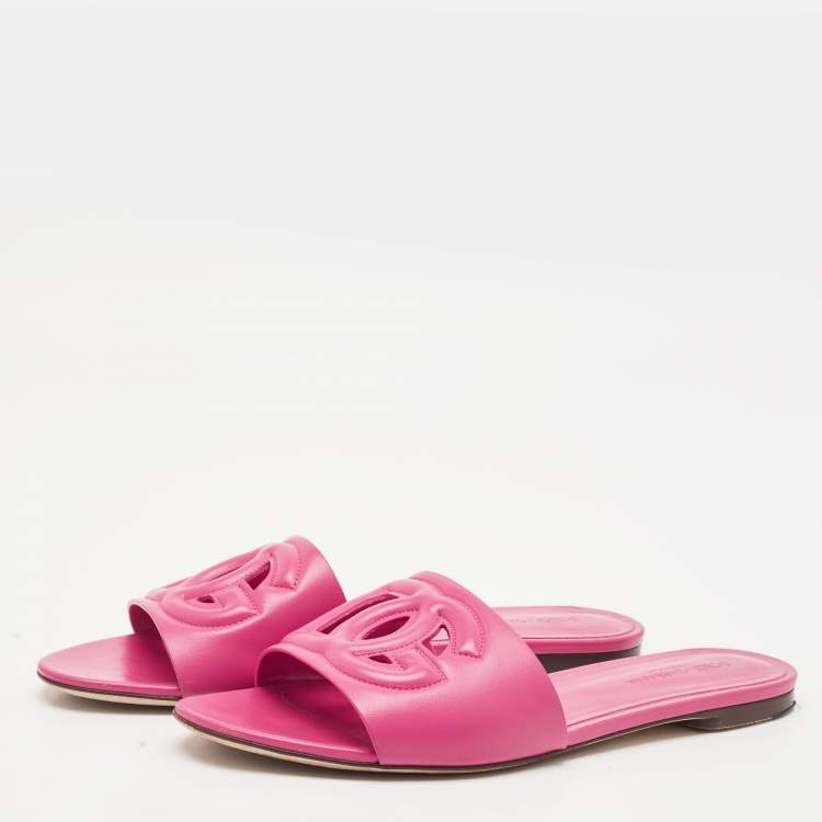 Pre Owned Dolce & Gabbana Pink Leather DG Logo Flat Slides Size 41