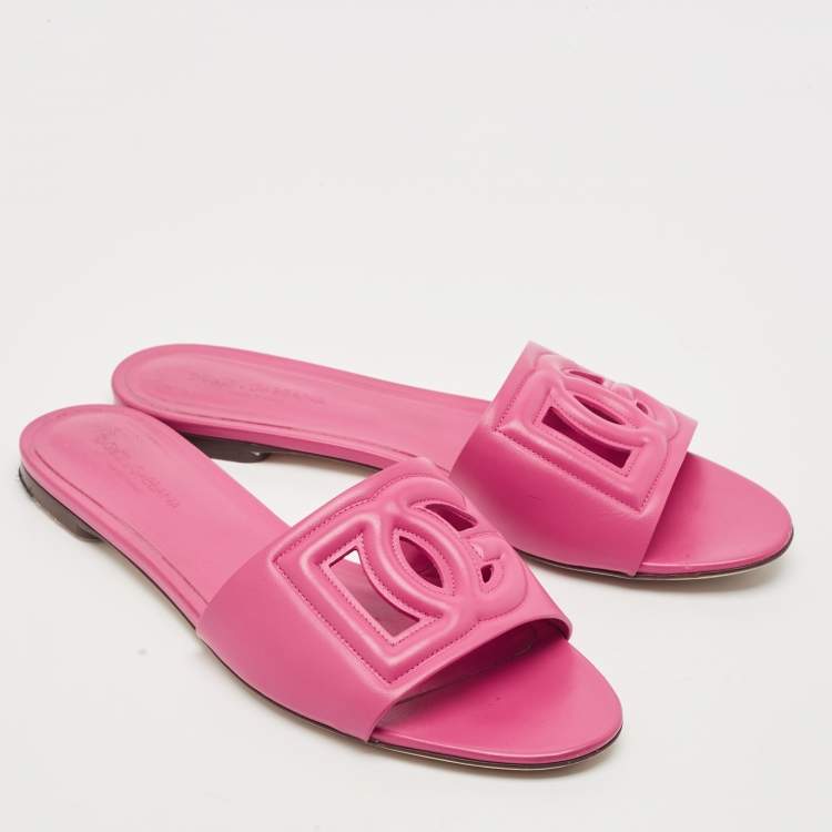 Pre Owned Dolce & Gabbana Pink Leather DG Logo Flat Slides Size 41