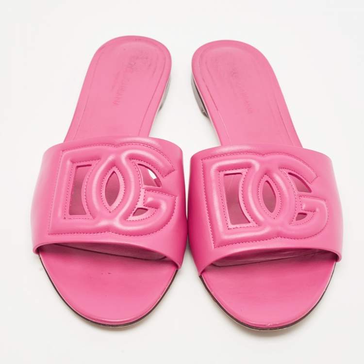 Pre Owned Dolce & Gabbana Pink Leather DG Logo Flat Slides Size 41