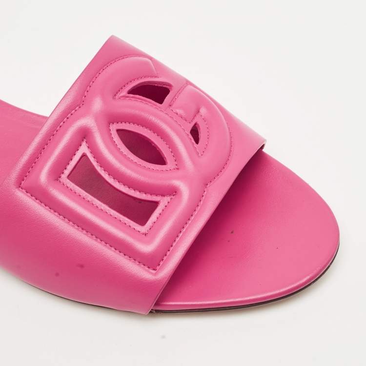 Pre Owned Dolce & Gabbana Pink Leather DG Logo Flat Slides Size 41