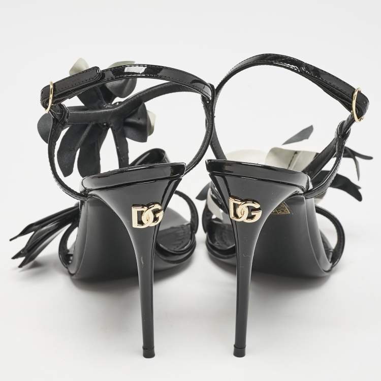 Pre Owned Dolce & Gabbana Black/White Patent Flower Slingback Sandals Size 37