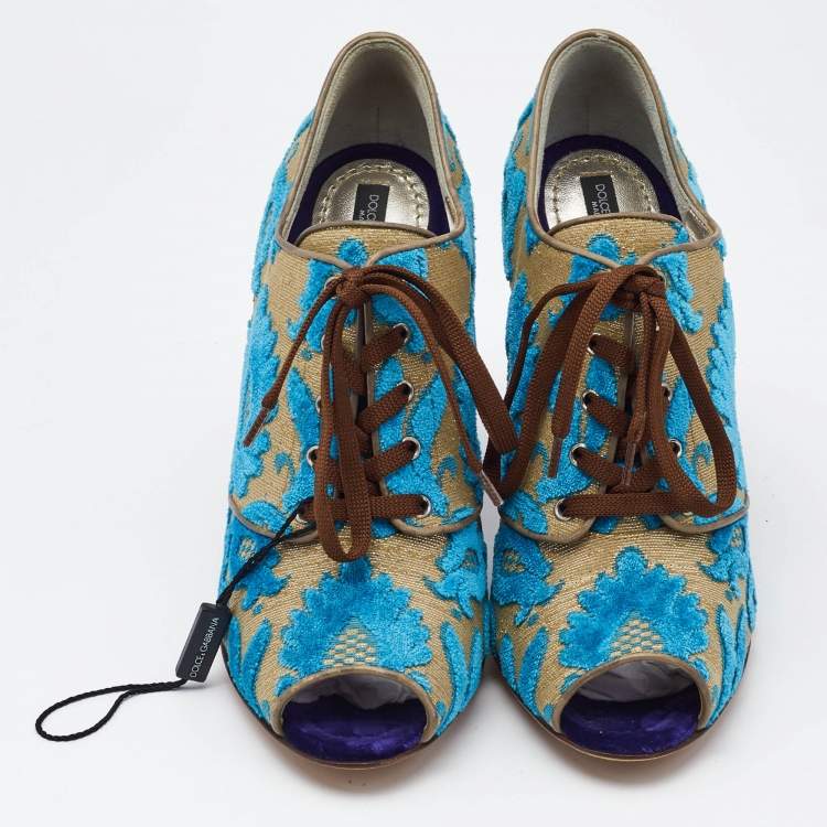 Pre Owned Dolce & Gabbana Blue/Beige Brocade Fabric Lace Up Booties Size 38.5