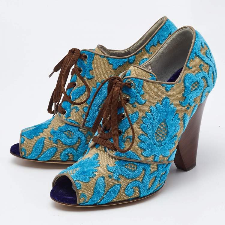 Pre Owned Dolce & Gabbana Blue/Beige Brocade Fabric Lace Up Booties Size 38.5