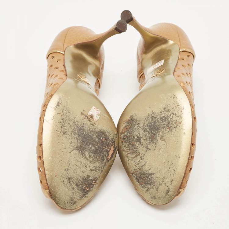 Pre Owned Dolce & Gabbana Gold/Brown Cutout Leather Bow Peep Toe Pumps Size 37