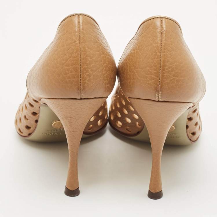 Pre Owned Dolce & Gabbana Gold/Brown Cutout Leather Bow Peep Toe Pumps Size 37