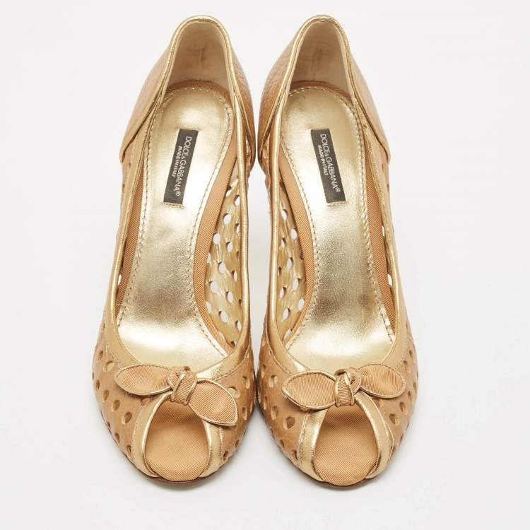 Pre Owned Dolce & Gabbana Gold/Brown Cutout Leather Bow Peep Toe Pumps Size 37