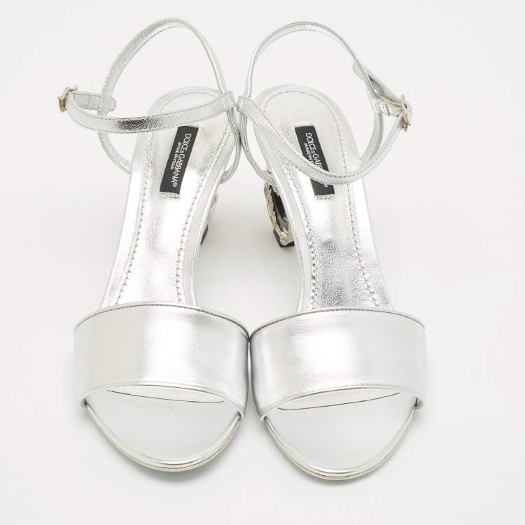 Pre Owned Dolce & Gabbana Silver Leather Keira DG Baroque Sandals Size 38